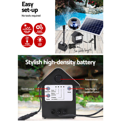 Gardeon Solar Pond Pump Battery Powered Outdoor LED Light Submersible Filter Tristar Online