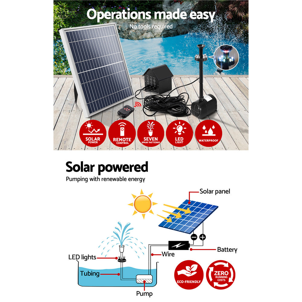 Solar Pond Pump with Battery Powered Submersible Kit LED Light & Remote 8.8 FT Tristar Online