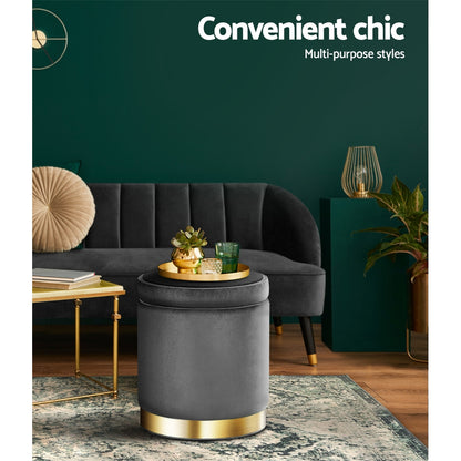 Artiss Ottoman Storage Foot Stool Round Velvet Charcoal Tristar Online