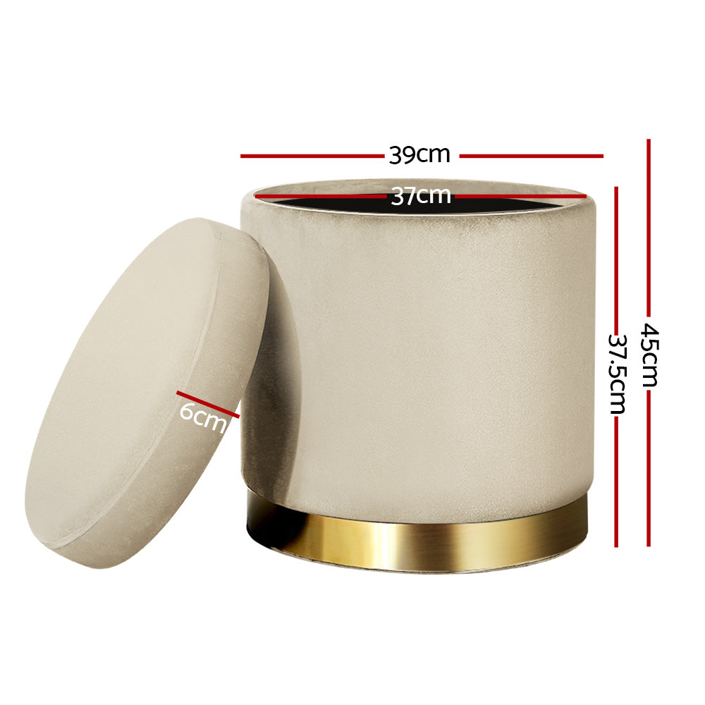 Artiss Ottoman Storage Foot Stool Round Velvet Cream Tristar Online