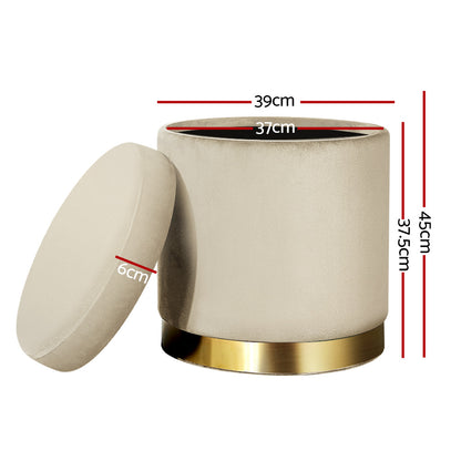 Artiss Ottoman Storage Foot Stool Round Velvet Cream Tristar Online