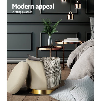 Artiss Ottoman Storage Foot Stool Round Velvet Cream Tristar Online