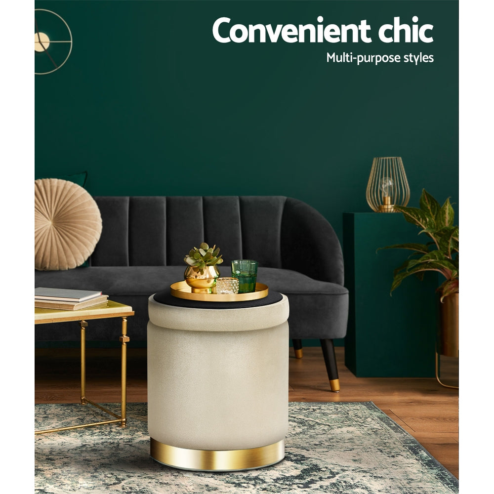 Artiss Ottoman Storage Foot Stool Round Velvet Cream Tristar Online