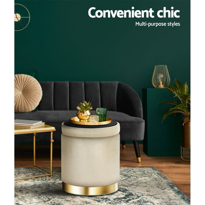 Artiss Ottoman Storage Foot Stool Round Velvet Cream Tristar Online