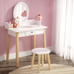Keezi Kids Vanity Makeup Dressing Table Chair Set Wooden Leg Drawer Mirror White Tristar Online