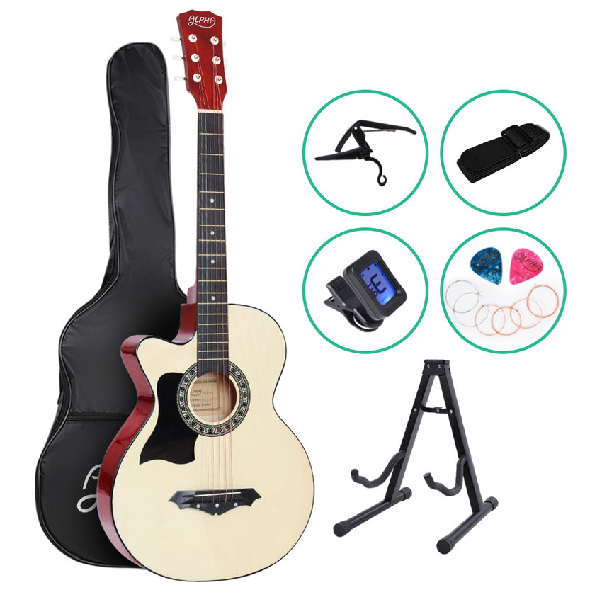 ALPHA 38 Inch Wooden Acoustic Guitar Left handed with Accessories set Natural Wood Tristar Online