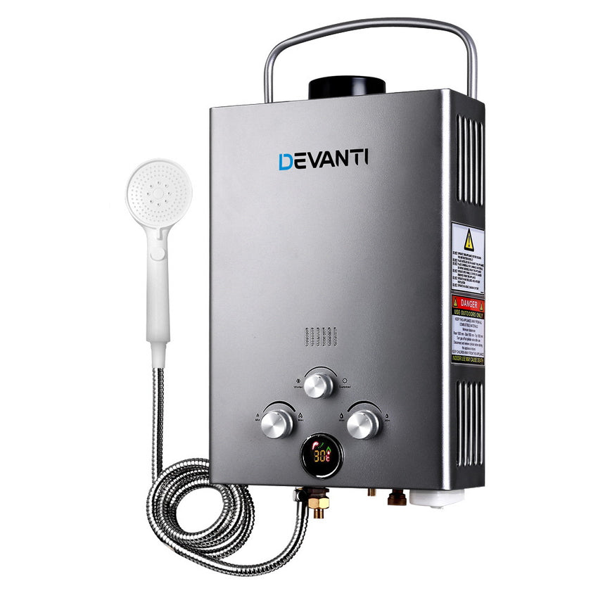 Devanti Outdoor Gas Hot Water Heater Portable Camping Shower 12V Pump Grey Tristar Online