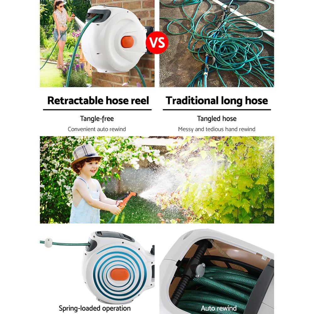 Greenfingers Retractable Hose Reel 20M Garden Water Brass Spray Gun Auto Rewind Tristar Online