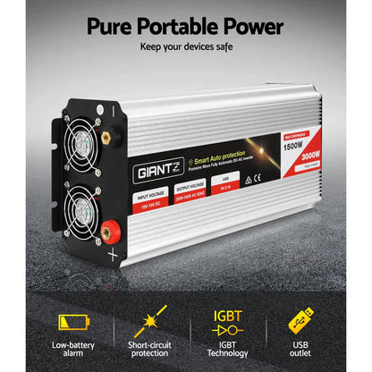 Giantz 1500W Puresine Wave DC-AC Power Inverter Tristar Online