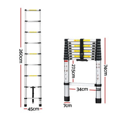 Giantz 2.6M Telescopic Ladder Aluminium Extension Extendable Steps Adjustable Height Tristar Online