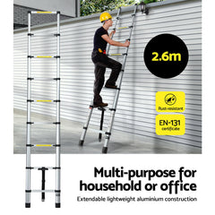 Giantz 2.6M Telescopic Ladder Aluminium Extension Extendable Steps Adjustable Height Tristar Online