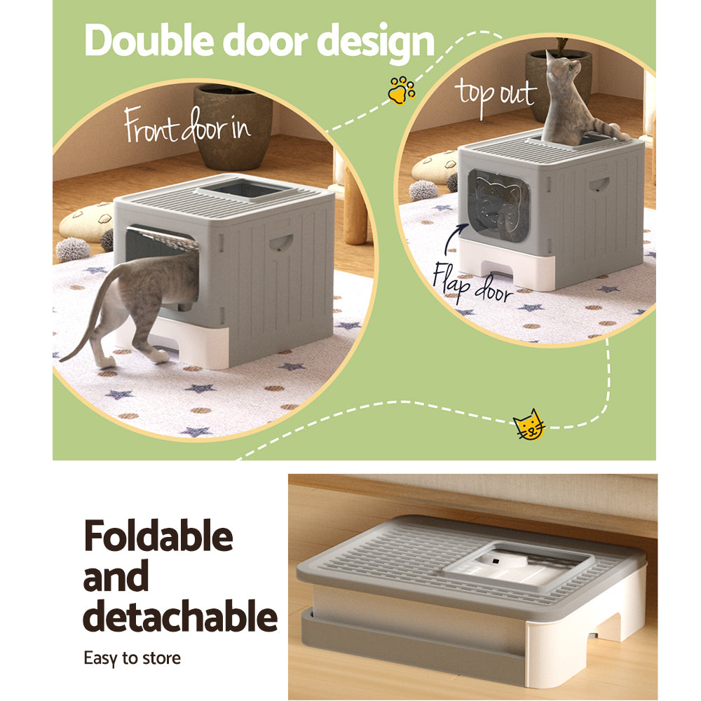 i.Pet Cat Litter Box Large Tray Kitty Toilet Enclosed Hooded Foldable Scoop Grey Tristar Online