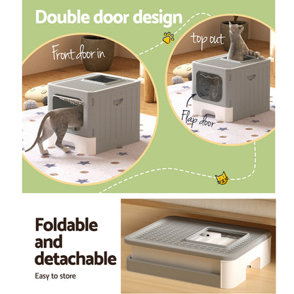 i.Pet Cat Litter Box Large Tray Kitty Toilet Enclosed Hooded Foldable Scoop Grey Tristar Online
