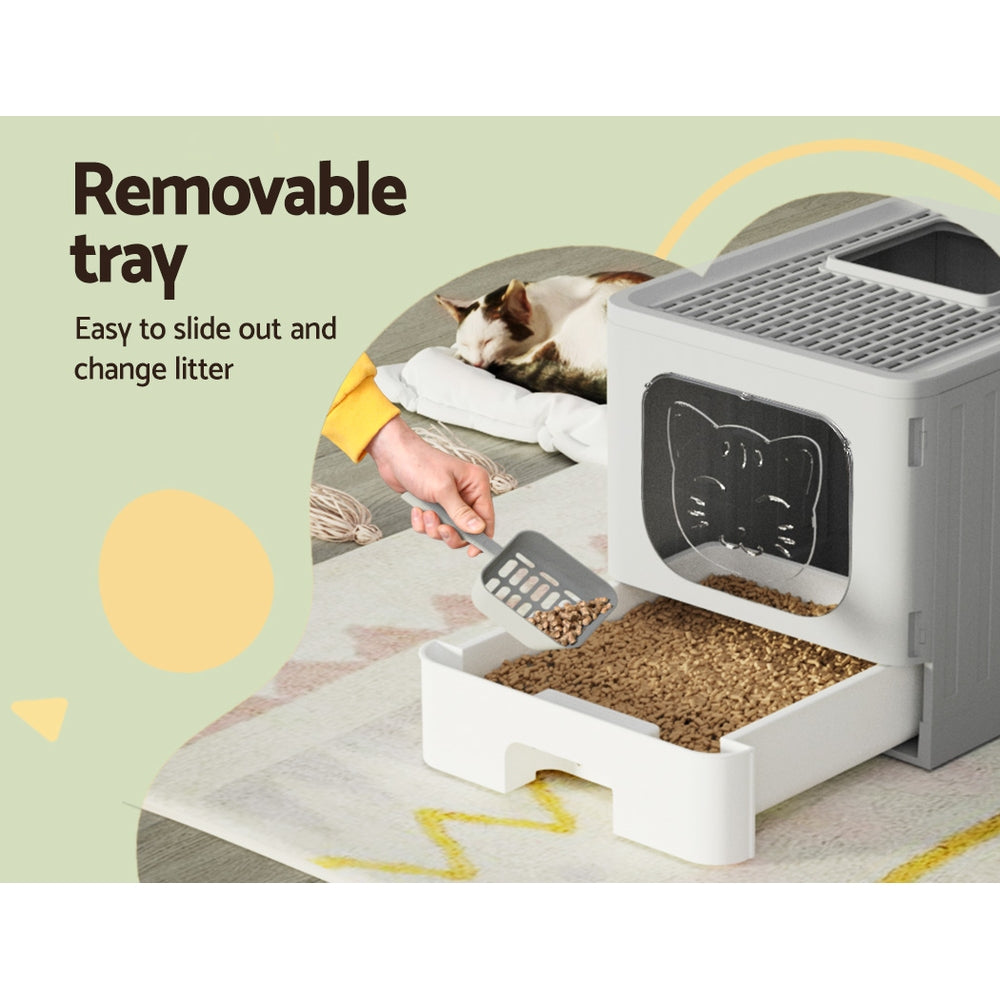 i.Pet Cat Litter Box Large Tray Kitty Toilet Enclosed Hooded Foldable Scoop Grey Tristar Online
