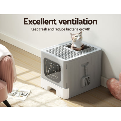 i.Pet Cat Litter Box Large Tray Kitty Toilet Enclosed Hooded Foldable Scoop Grey Tristar Online
