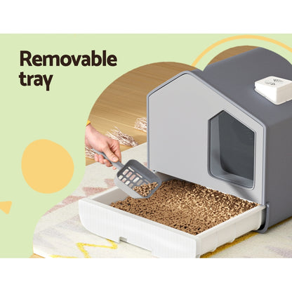 i.Pet Cat Litter Box Large Tray Kitty Toilet Fully Enclosed House Hooded Scoop Mat Grey Tristar Online
