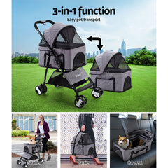i.Pet Pet Stroller Dog Carrier Foldable Pram 3 IN 1 Middle Size Grey Tristar Online