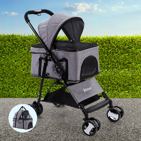 i.Pet Pet Stroller Dog Carrier Foldable Pram 3 IN 1 Middle Size Grey Tristar Online