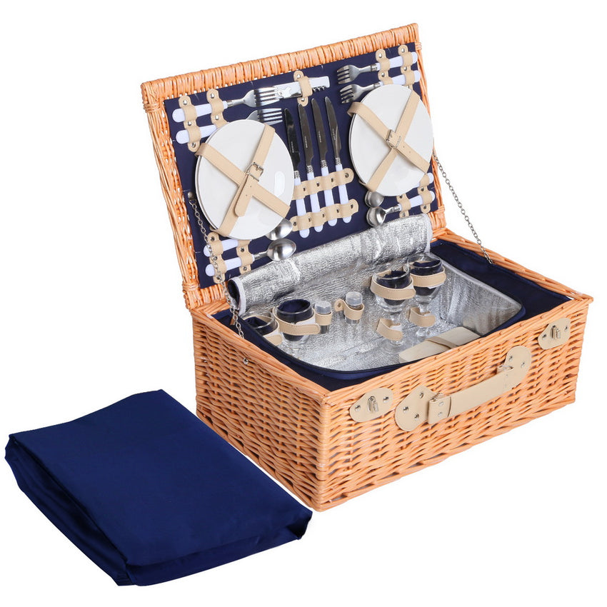Alfresco 4 Person Picnic Basket Wicker Set Baskets Outdoor Insulated Blanket Navy Tristar Online