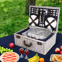 Alfresco 6 Person Picnic Basket Set Cooler Bag Wicker PU Fastening Straps Plates Tristar Online