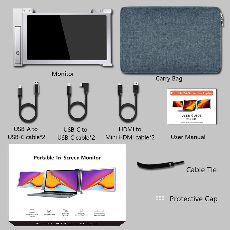 11.6 inch Trifold Portable Monitor 1080P IPS FHD Monitor Screen Extender For Laptop In Narrow Bezel- Grey Trion