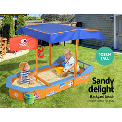 Keezi Kids Sandpit Wooden Boat Sand Pit with Canopy Bench Seat Beach Toys 150cm Tristar Online
