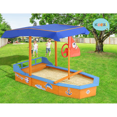 Keezi Kids Sandpit Wooden Boat Sand Pit with Canopy Bench Seat Beach Toys 150cm Tristar Online