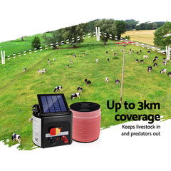 Giantz Fence Energiser 3KM Solar Powered Electric 2000M Poly Tape Tristar Online