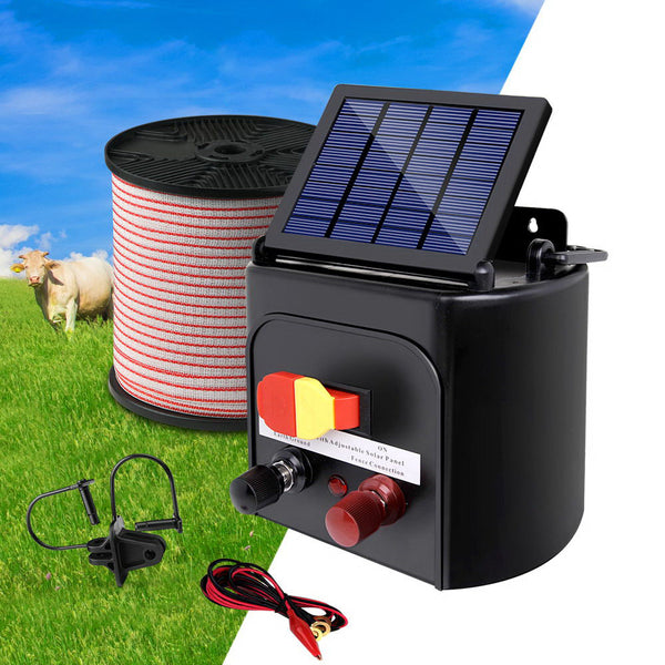 Giantz 3km Solar Electric Fence Energiser Charger with 400M Tape and 25pcs Insulators Tristar Online