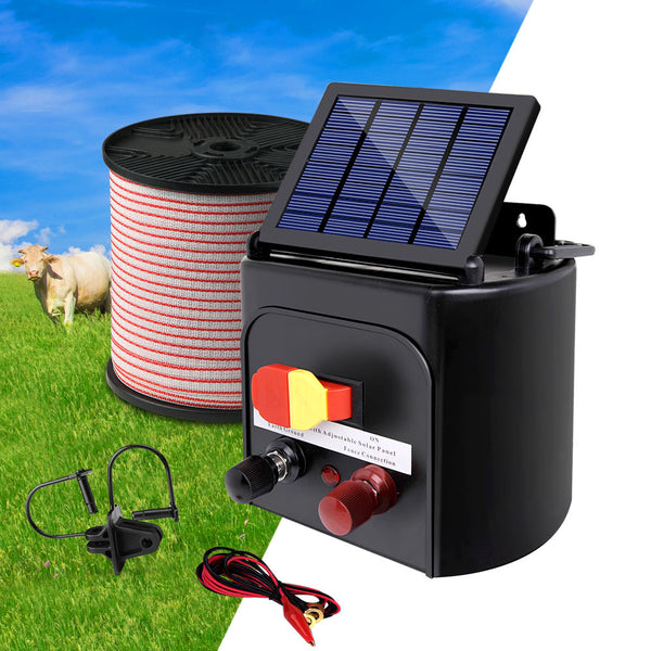 Giantz 5km Solar Electric Fence Energiser Charger with 400M Tape and 25pcs Insulators Tristar Online