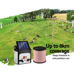 Giantz 8km Solar Electric Fence Energiser Charger with 400M Tape and 25pcs Insulators Tristar Online