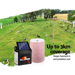 Giantz 3KM Solar Electric Fence Energiser Energizer 0.1J + 2000M Poly Fencing Wire Tape Tristar Online