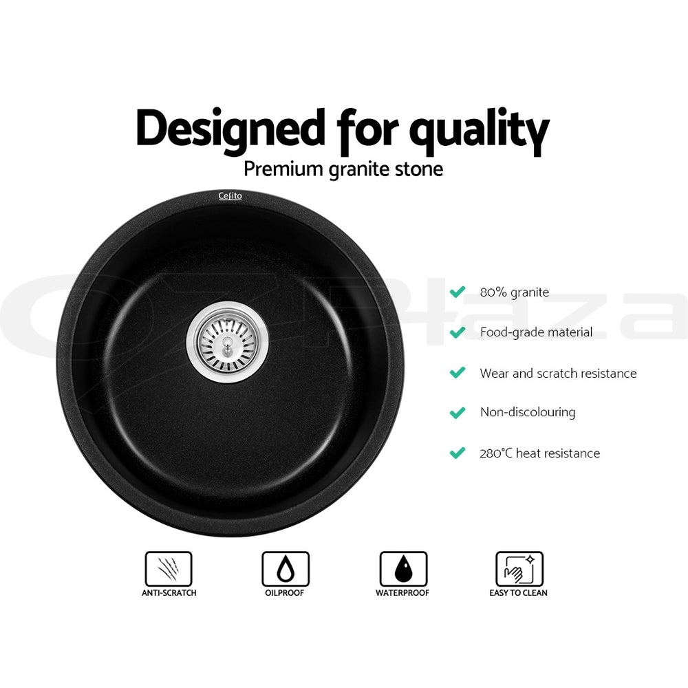 Cefito Stone Kitchen Sink Round 430MM Granite Under/Topmount Basin Bowl Laundry Black Tristar Online