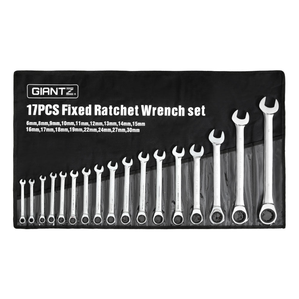 Giantz 17 PCS 6MM-30MM Ratchet Spanner Set Metric Open CR-V w/ Rolling Pouch Tristar Online