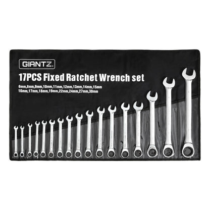 Giantz 17 PCS 6MM-30MM Ratchet Spanner Set Metric Open CR-V w/ Rolling Pouch Tristar Online