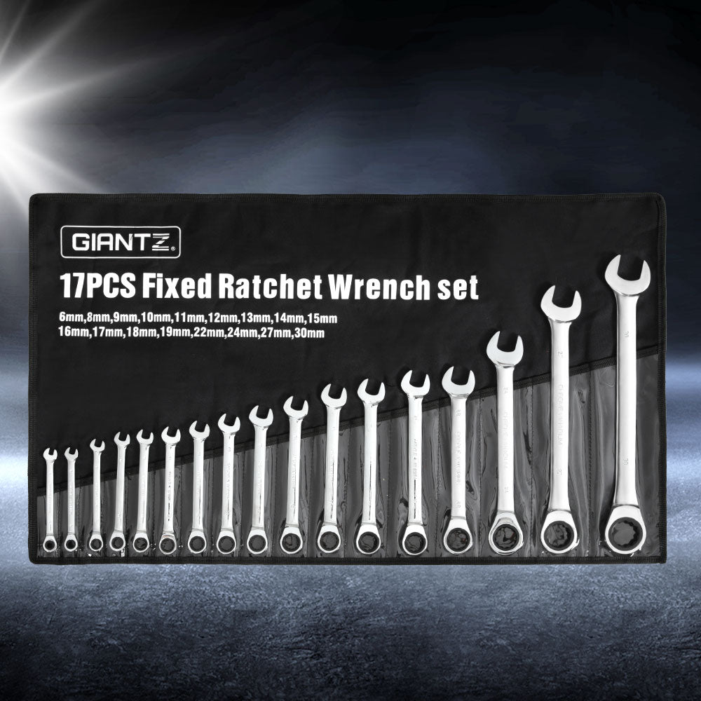 Giantz 17 PCS 6MM-30MM Ratchet Spanner Set Metric Open CR-V w/ Rolling Pouch Tristar Online