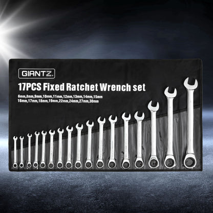 Giantz 17 PCS 6MM-30MM Ratchet Spanner Set Metric Open CR-V w/ Rolling Pouch Tristar Online