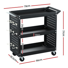 Giantz 3-Tier Tool Cart Storage Trolley Workshop Garage Pegboard Hooks Black Tristar Online