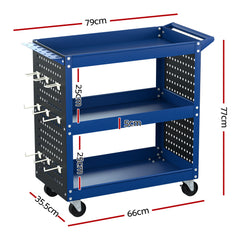 Giantz 3-Tier Tool Cart Storage Trolley Workshop Garage Pegboard Hooks Blue Tristar Online