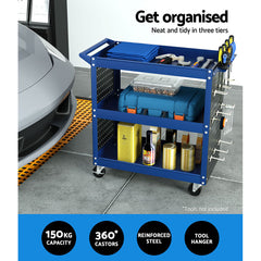 Giantz 3-Tier Tool Cart Storage Trolley Workshop Garage Pegboard Hooks Blue Tristar Online