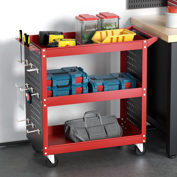 Giantz 3-Tier Tool Cart Storage Trolley Workshop Garage Pegboard Hooks Red Tristar Online