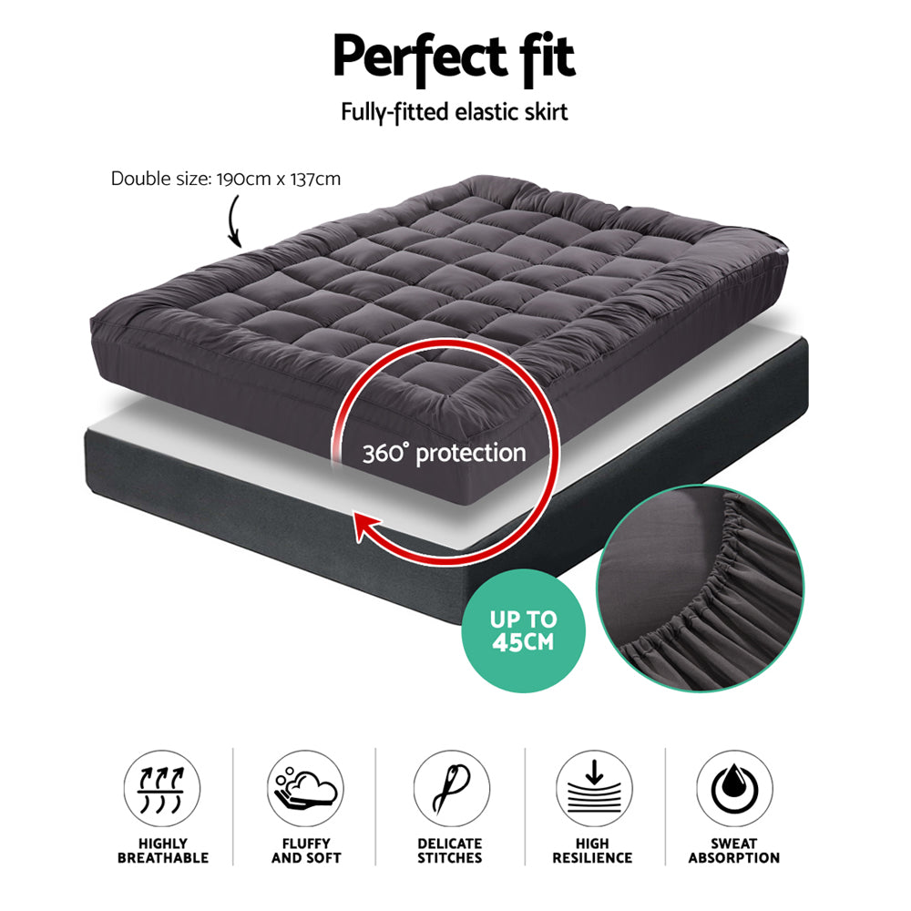 Giselle Double Mattress Topper Pillowtop 1000GSM Charcoal Microfibre Bamboo Fibre Filling Protector Tristar Online