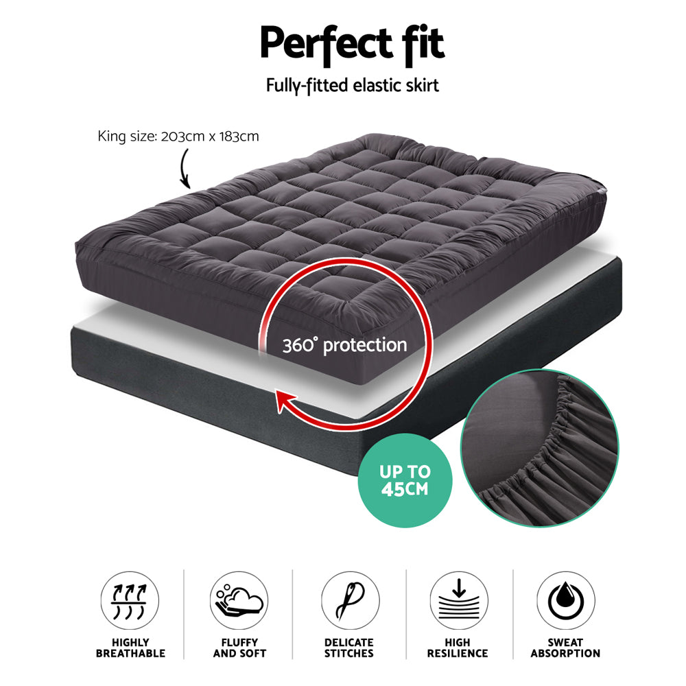 Giselle King Mattress Topper Pillowtop 1000GSM Charcoal Microfibre Bamboo Fibre Filling Protector Tristar Online