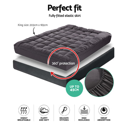Giselle King Mattress Topper Pillowtop 1000GSM Charcoal Microfibre Bamboo Fibre Filling Protector Tristar Online