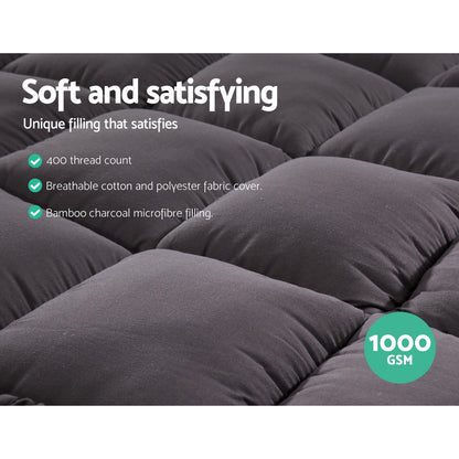 Giselle King Mattress Topper Pillowtop 1000GSM Charcoal Microfibre Bamboo Fibre Filling Protector Tristar Online