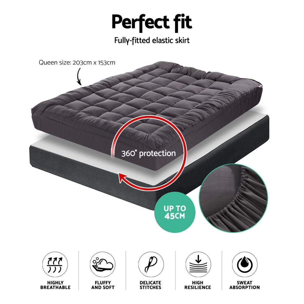 Giselle Queen Mattress Topper Pillowtop 1000GSM Charcoal Microfibre Bamboo Fibre Filling Protector Tristar Online