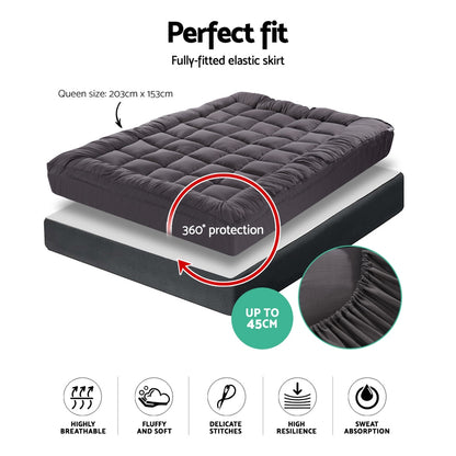 Giselle Queen Mattress Topper Pillowtop 1000GSM Charcoal Microfibre Bamboo Fibre Filling Protector Tristar Online