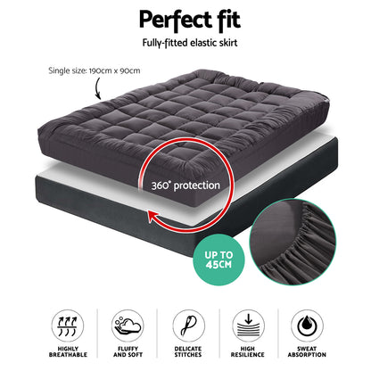 Giselle Single Mattress Topper Pillowtop 1000GSM Charcoal Microfibre Bamboo Fibre Filling Protector Tristar Online