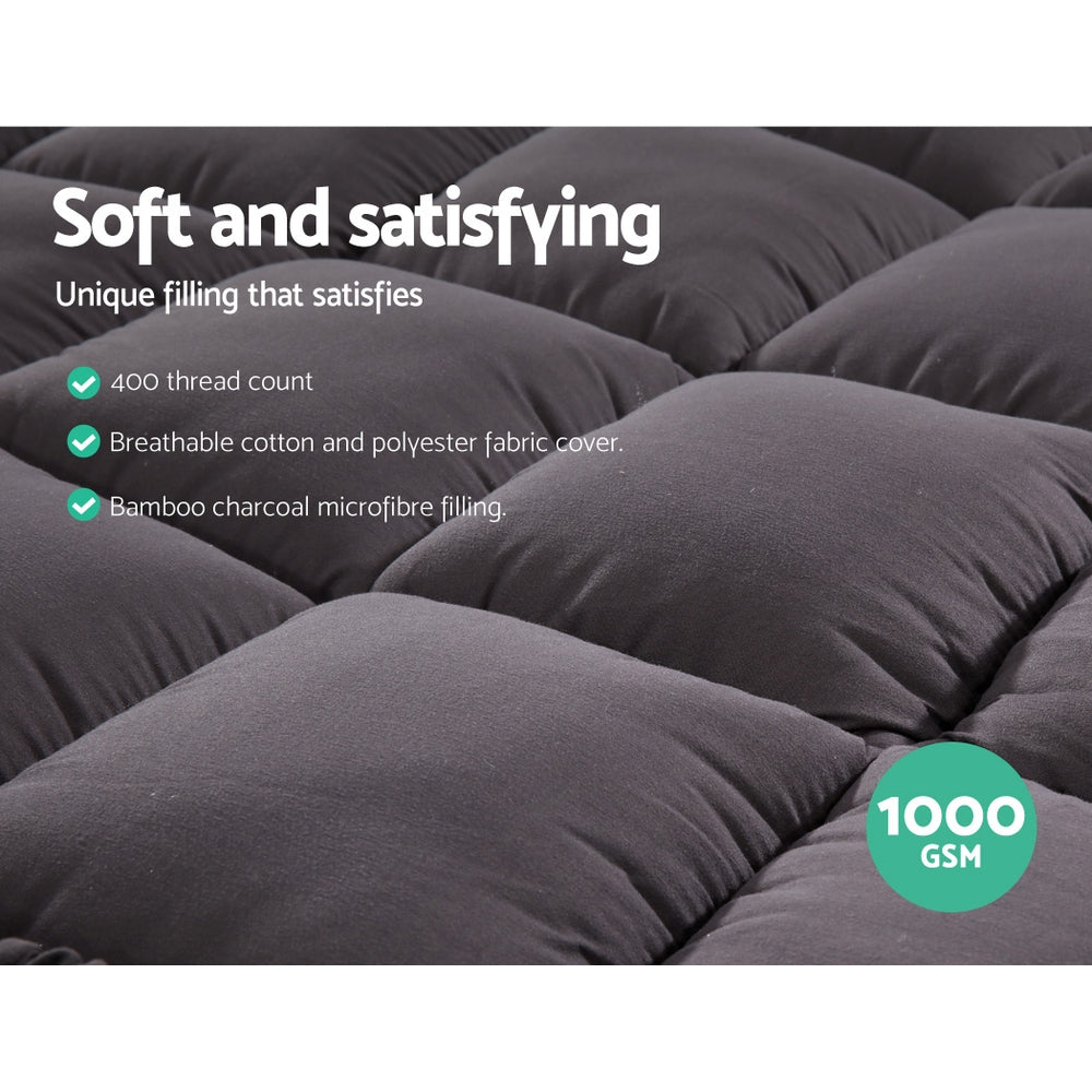 Giselle Single Mattress Topper Pillowtop 1000GSM Charcoal Microfibre Bamboo Fibre Filling Protector Tristar Online