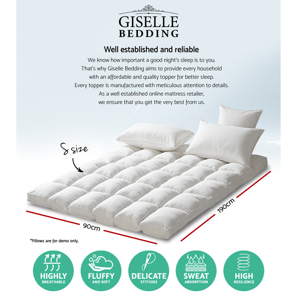 Giselle Single Mattress Topper Pillowtop 1000GSM Microfibre Filling Protector Tristar Online